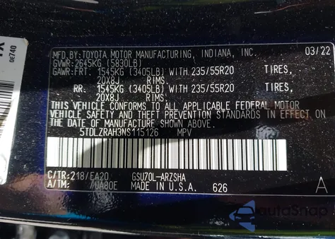 2022 Toyota Highlander Xse from USA, damaged, VIN 5TDLZRAH3NS115126